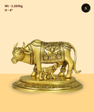 Engraved Brass Cow & Calf Idol with Intricate Carving